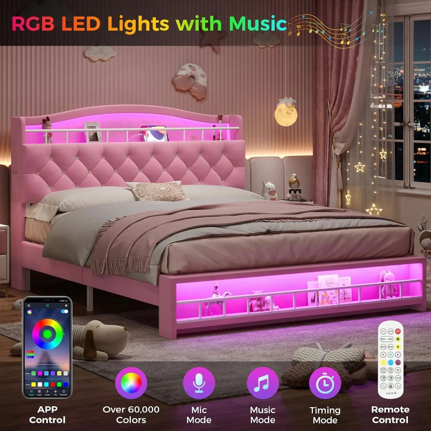 Nova Cama Queen Size Menina com Luzes de LED e Estação de Carregamento, Estrutura de Cama Queen Size de Princesa com Cabeceira com Armazenamento Oculto