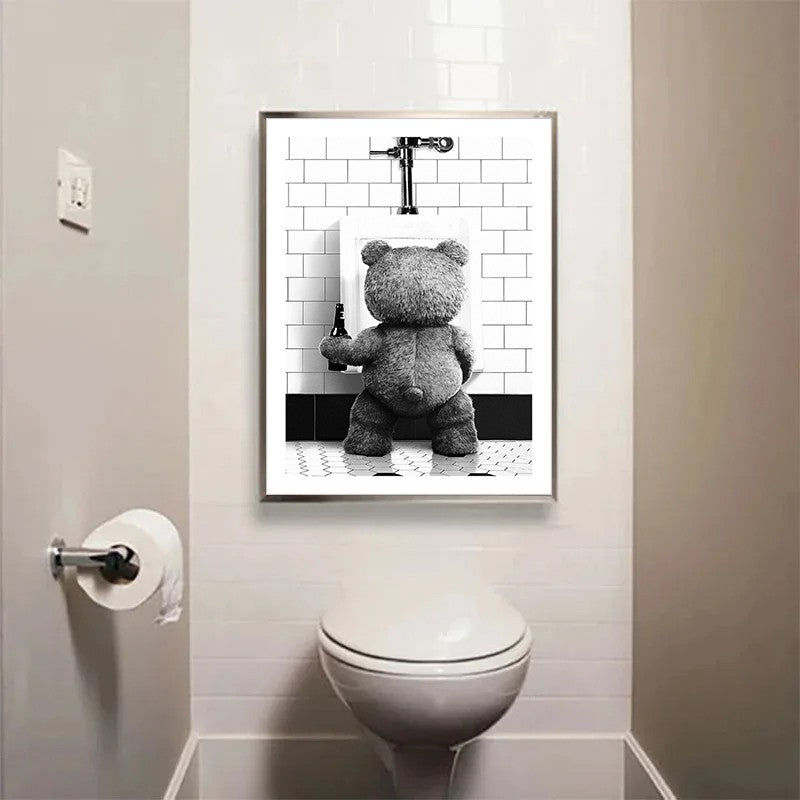 Black White Cute Bear Bathroom Decoration Poster Canvas Print Painting Wall Picture Art Modern Fashion Room Home Toilet Decor