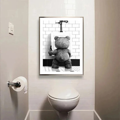 Black White Cute Bear Bathroom Decoration Poster Canvas Print Painting Wall Picture Art Modern Fashion Room Home Toilet Decor