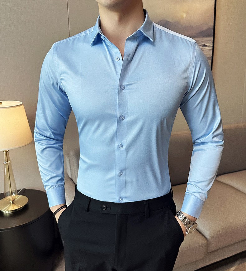 Seamless silk business casual shirt, long sleeved white non ironing elastic silk sliding cross shirt, men's formal wear