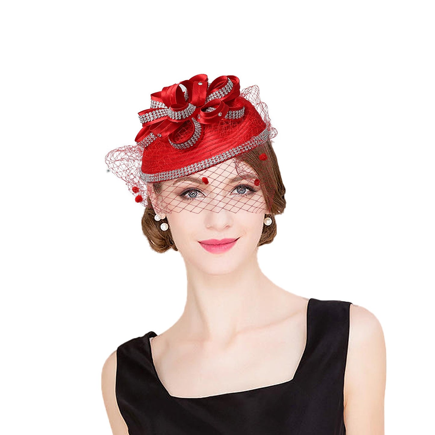 FS Red Wedding Fascinators Pillbox Hats para Mulheres com Véu de Flores Chapéu para Igreja Kentucky Derby Boné Cocktail Tea Party Chapéu de Cabeça