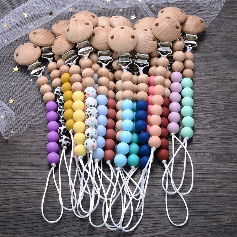 Baby Wooden Pacifier Clip Silicone Teether Round Beads Dummy Holder Chain For Baby Teething Nursing Chewing Toys Shower Gifts