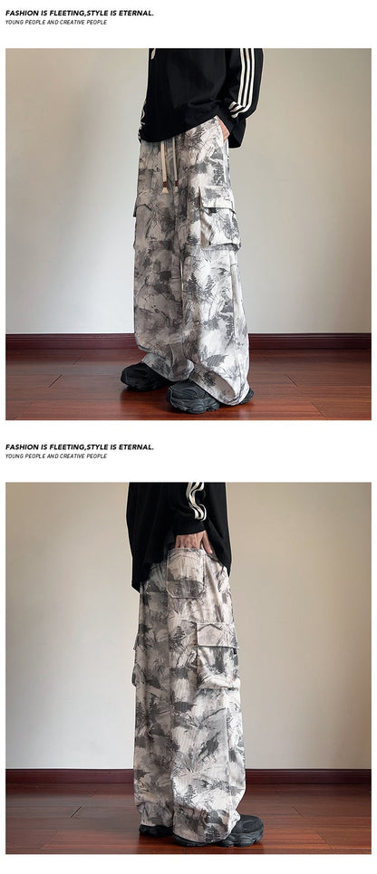 Mens Casual Pants Straight Leg Loose Fit Tactical Cargo Joggers Wide Leg Tie Dye Trousers Trendy Fashion Side Pocket pants man