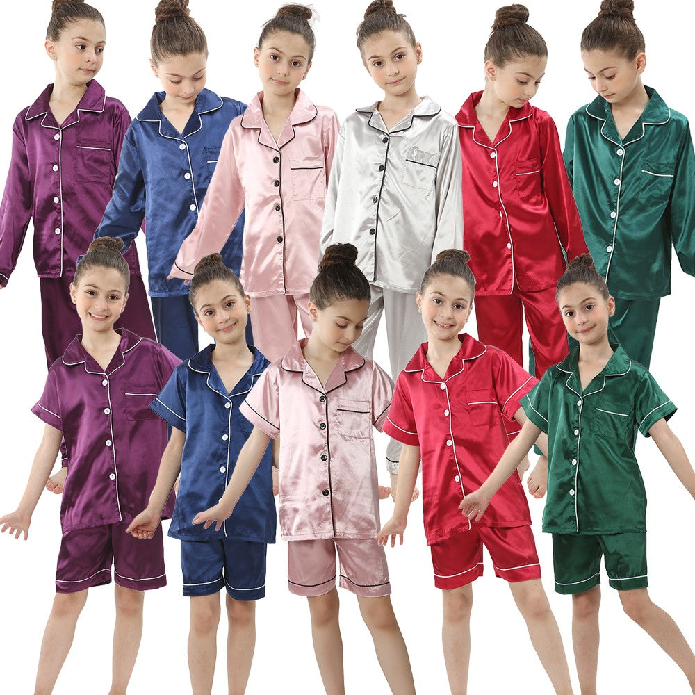 2 to 14 Years Boys Girls Pajamas Sets Kids Silk Satin Top Pant Long/Short Sleeve Solid Pyjamas Suits Nightgown Child Sleepwear