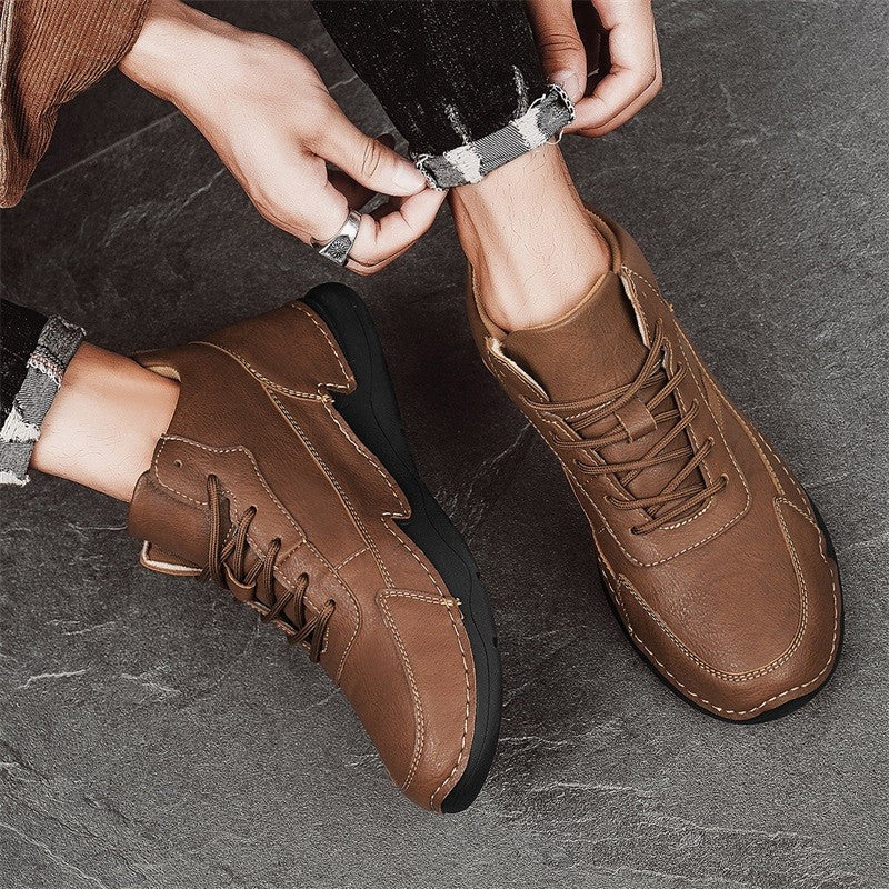 Handmade Mens Low Top Sneakers Classic Mens Leather High Top Shoes Fashion Outdoor Motorcycle Boots Lace Up Non-Slip Ankle Boots