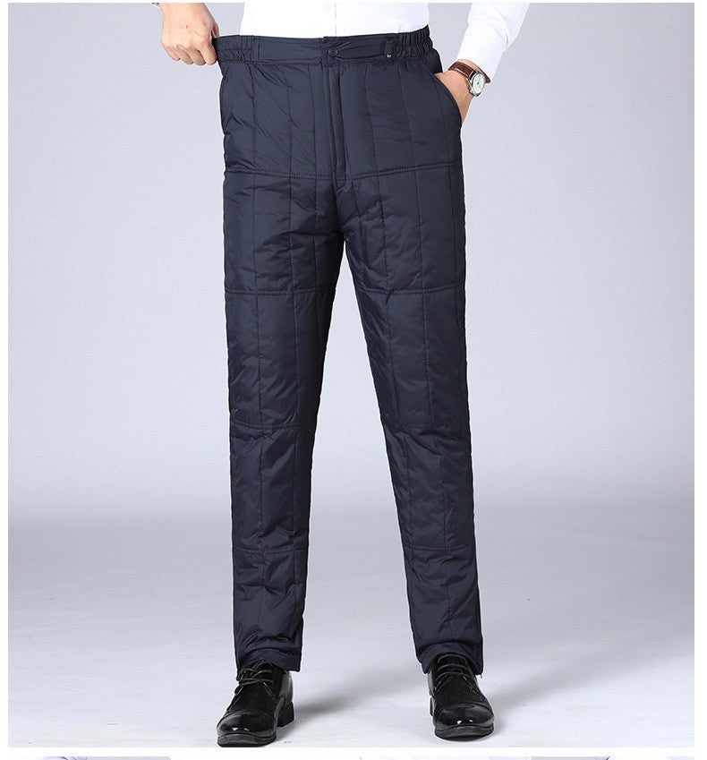 Inverno Masculino Calça de Pato Branco Cintura Alta Engrossada Quente Corta-Vento Térmica Calças para Homem de Meia-Idade PT-593