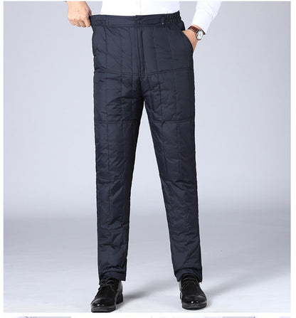 Inverno Masculino Calça de Pato Branco Cintura Alta Engrossada Quente Corta-Vento Térmica Calças para Homem de Meia-Idade PT-593