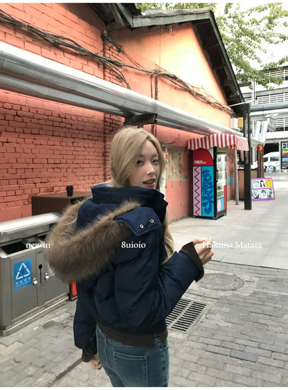 South District Fiona Women's Winter Jacket Navy Blue Cotton Short down Coat with Detachable Hood And Fur Collar