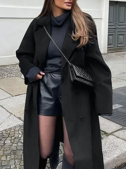 Women's Long Woolen Coat, Casual Loose-Fitting Overcoat with Double Button Front, Fall & Winter Fashion Outerwear for Women