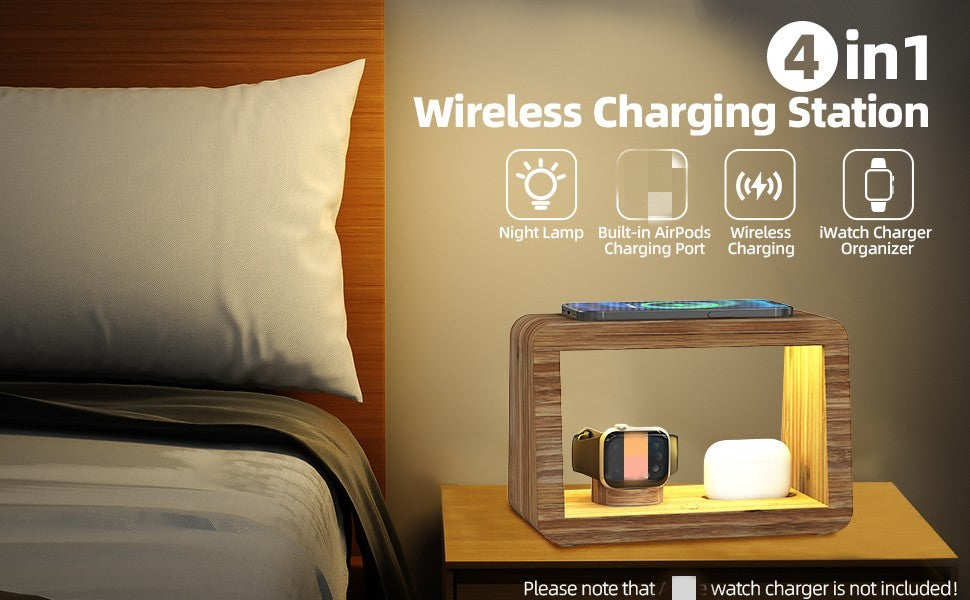 Popular Product 2024 4 In 1 Bamboo Wood Desk Organizer Wireless Charging Dock Station Mobile Phone Holder