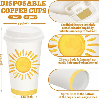 50 Conjuntos de Copos de Café Boho Sol com Tampa 16oz Copos de Papel Amarelos Sunshine First Trip Around The Sun Descartáveis Para Viagem