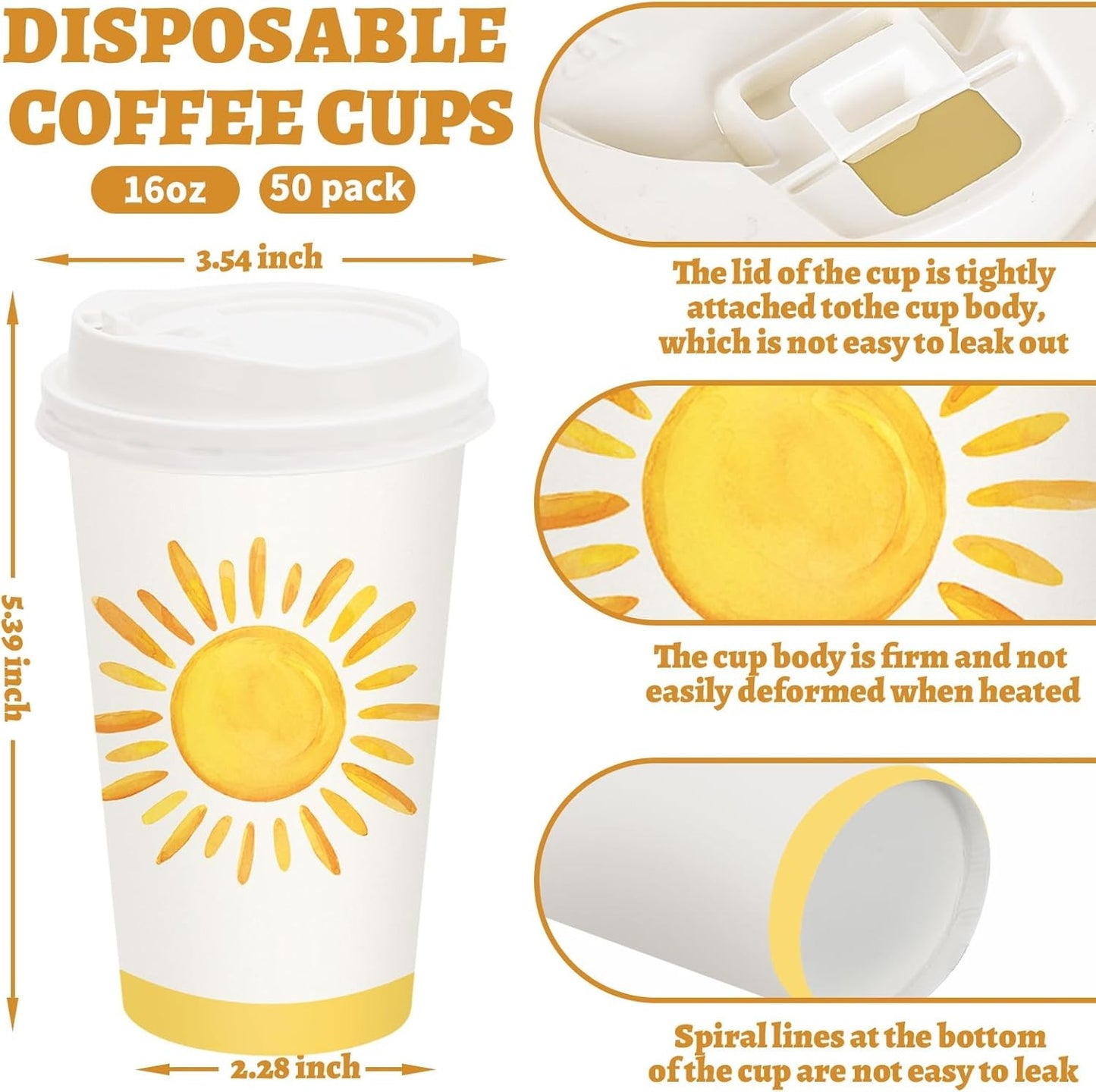 50 Conjuntos de Copos de Café Boho Sol com Tampa 16oz Copos de Papel Amarelos Sunshine First Trip Around The Sun Descartáveis Para Viagem