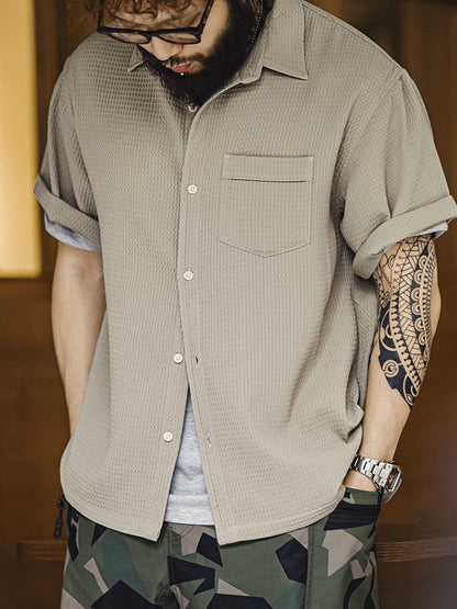 Summer Men's Waffle Short Sleeve Cargo Shirts 2025 New Casual Retro Breathable Lapel Blouse Y2K Vintage Streetwear Tee Shirt