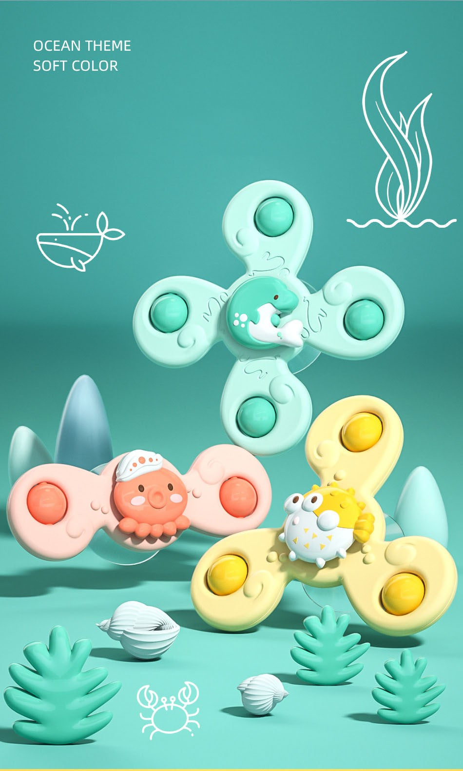 3Pcs/Set Baby Bath Toys Funny Bathing Sucker Spinner Suction Cup Cartoon Rattles Fidget Educational Toys Suction Cup Spinning