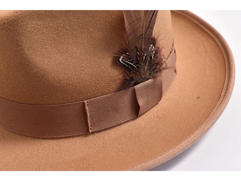 Handmade Feathers Felt Fedora Hat Vintage Men Panama Trilby Hats Curved Brim Gentleman Party Dress Cap
