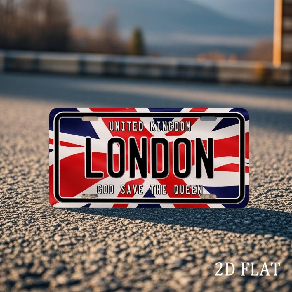 British Union Jack & God Save The Queen Metal Wall Sign - 8"x3.5" Retro London License Plate Design, Classic Garage Home Office