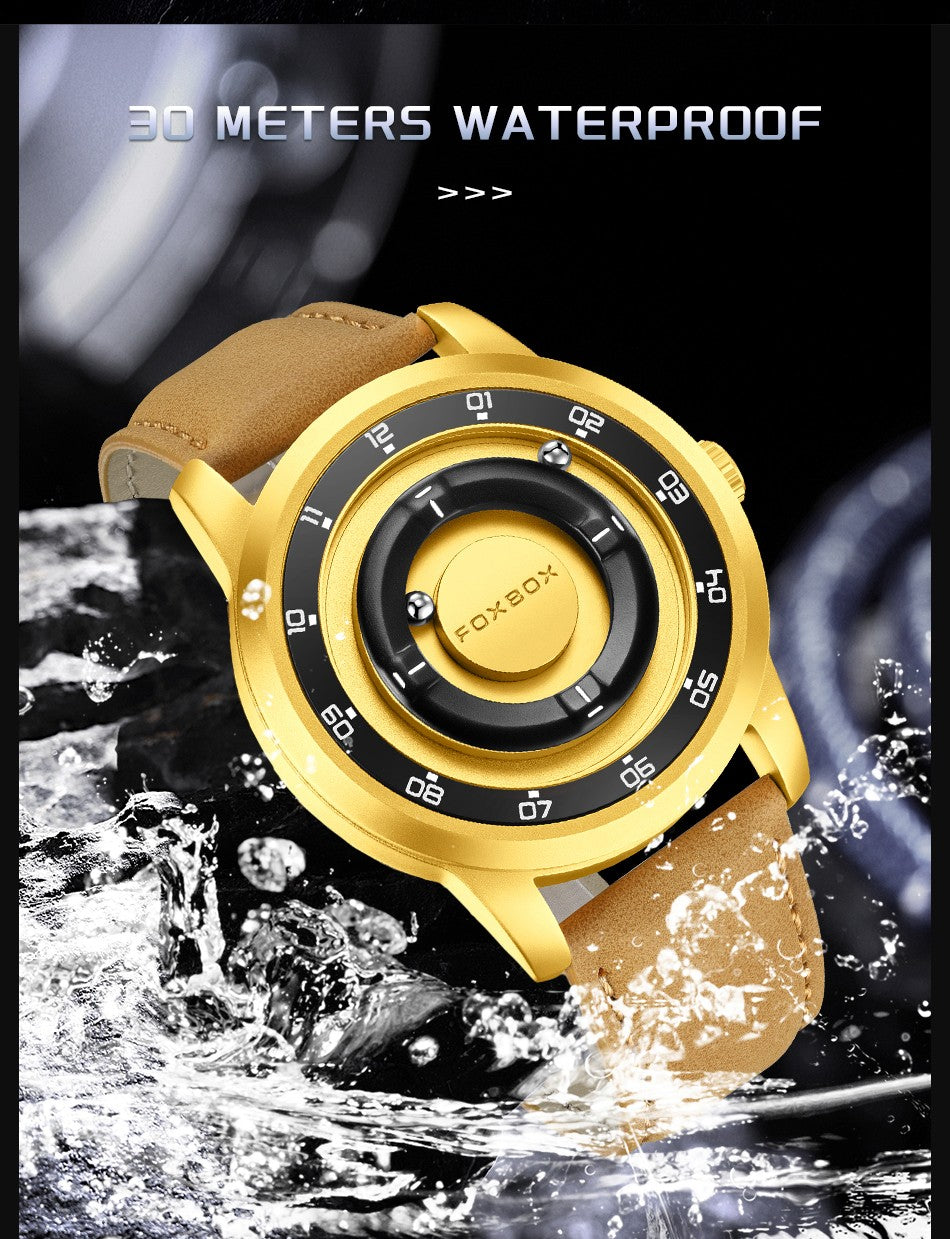 FOXBOX Fashion Unique Dial Man Watch Leather Casual Sports Srolling Bead Magnetic Force Waterproof Quartz Watches for Men Clocks