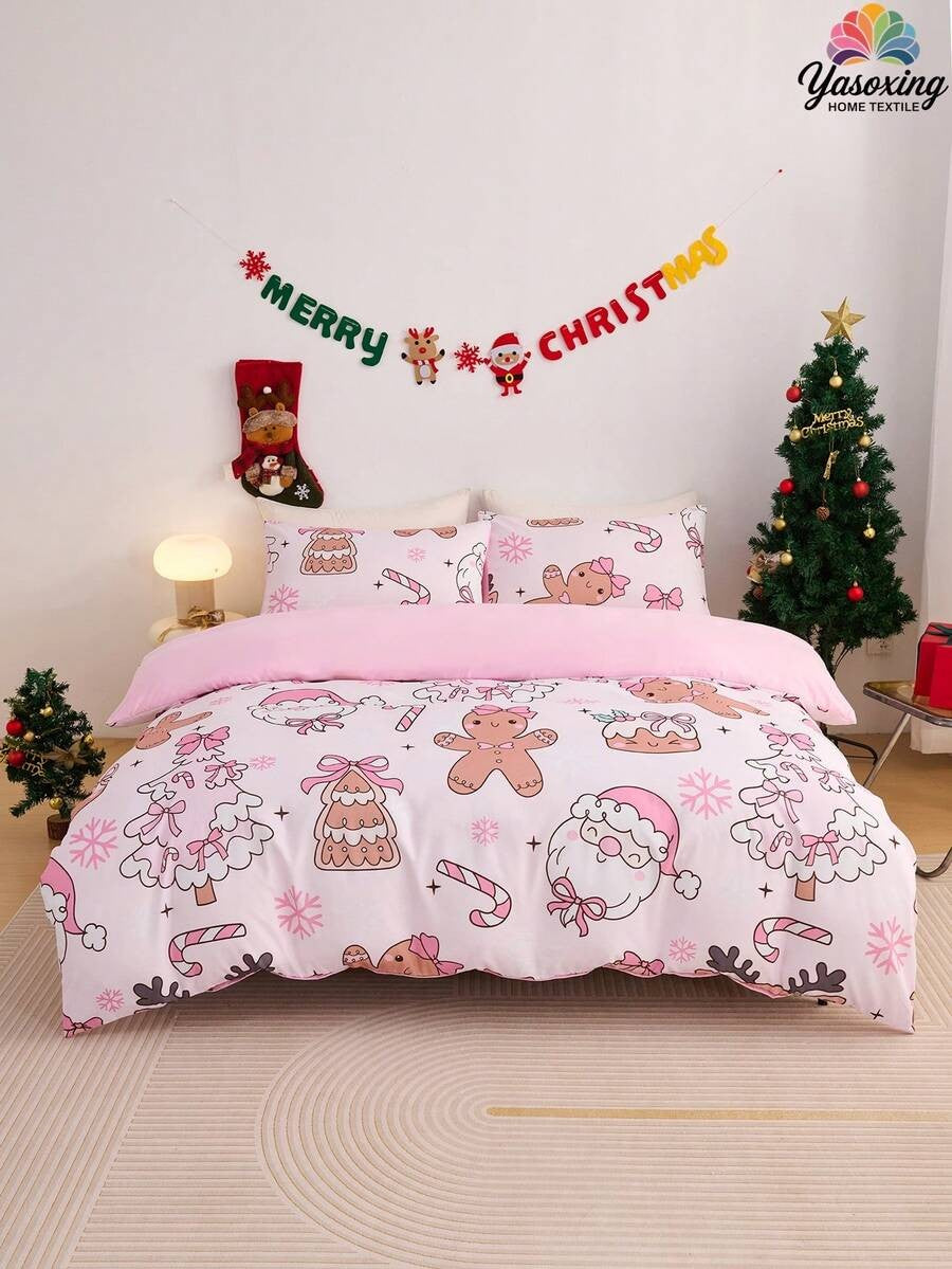 2/3pcs Pink Christmas Snowflake Gift Gingerbread Man Pattern Reversible Color Duvet Cover Bedding Set, Soft Breatheable