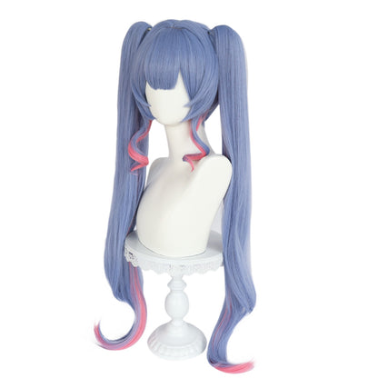 Peruca Lolita com duas marias-chiquinhas em degradê azul e rosa, cabelo longo com franja desfiada, fibra sintética para cosplay de anime