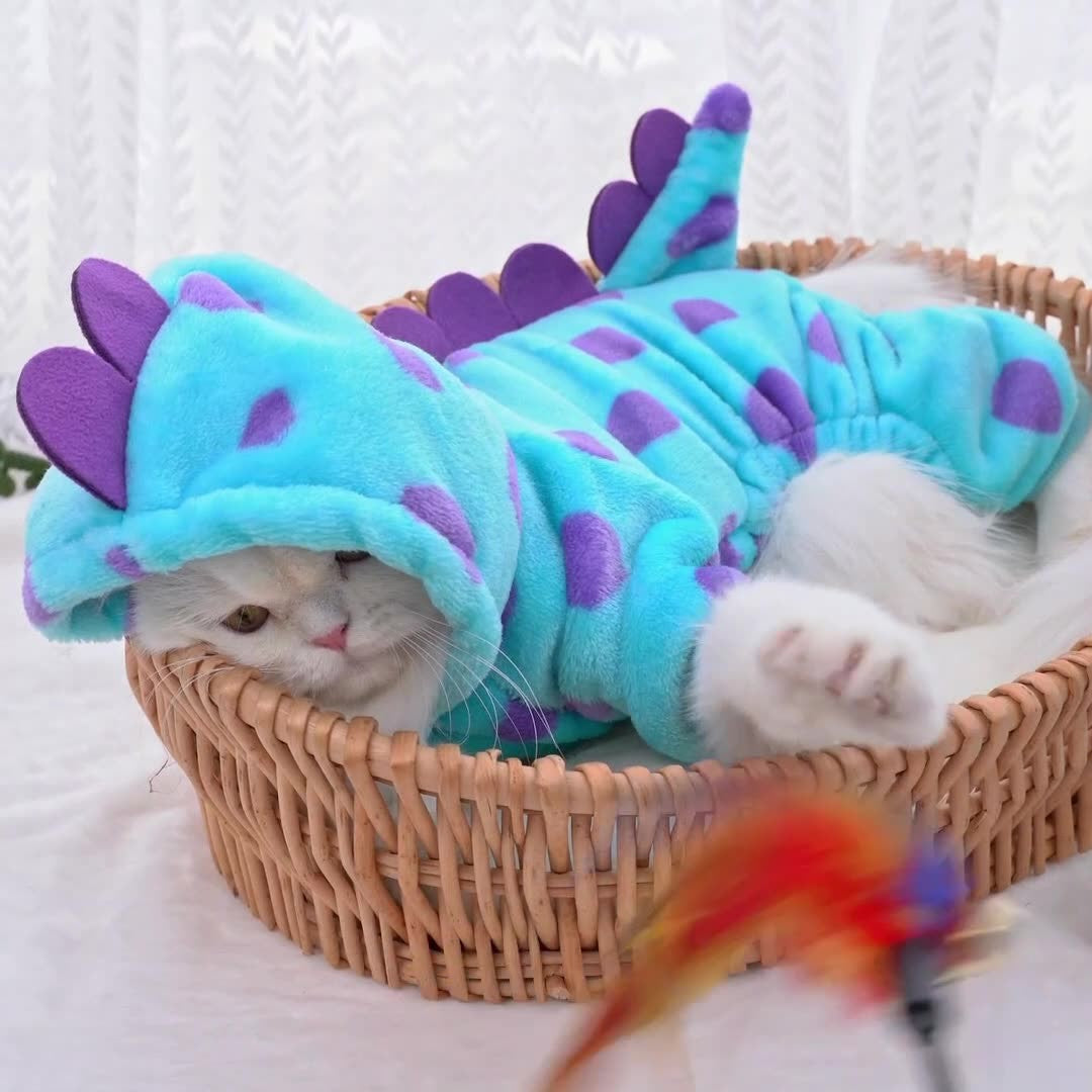 Fantasia de dinossauro de pelúcia para animais de estimação, macacão de 4 patas para gatos e cães, roupa fofa de flanela de inverno para cosplay em festas e festivais