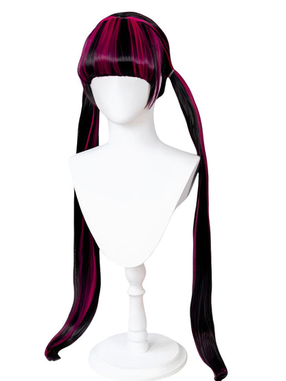 Peruca REEWES 40 polegadas Longa Preta Rosa Lisa Sintética Draculaura Monster High com Franja para Cosplay Adolescente Fantasia de Halloween