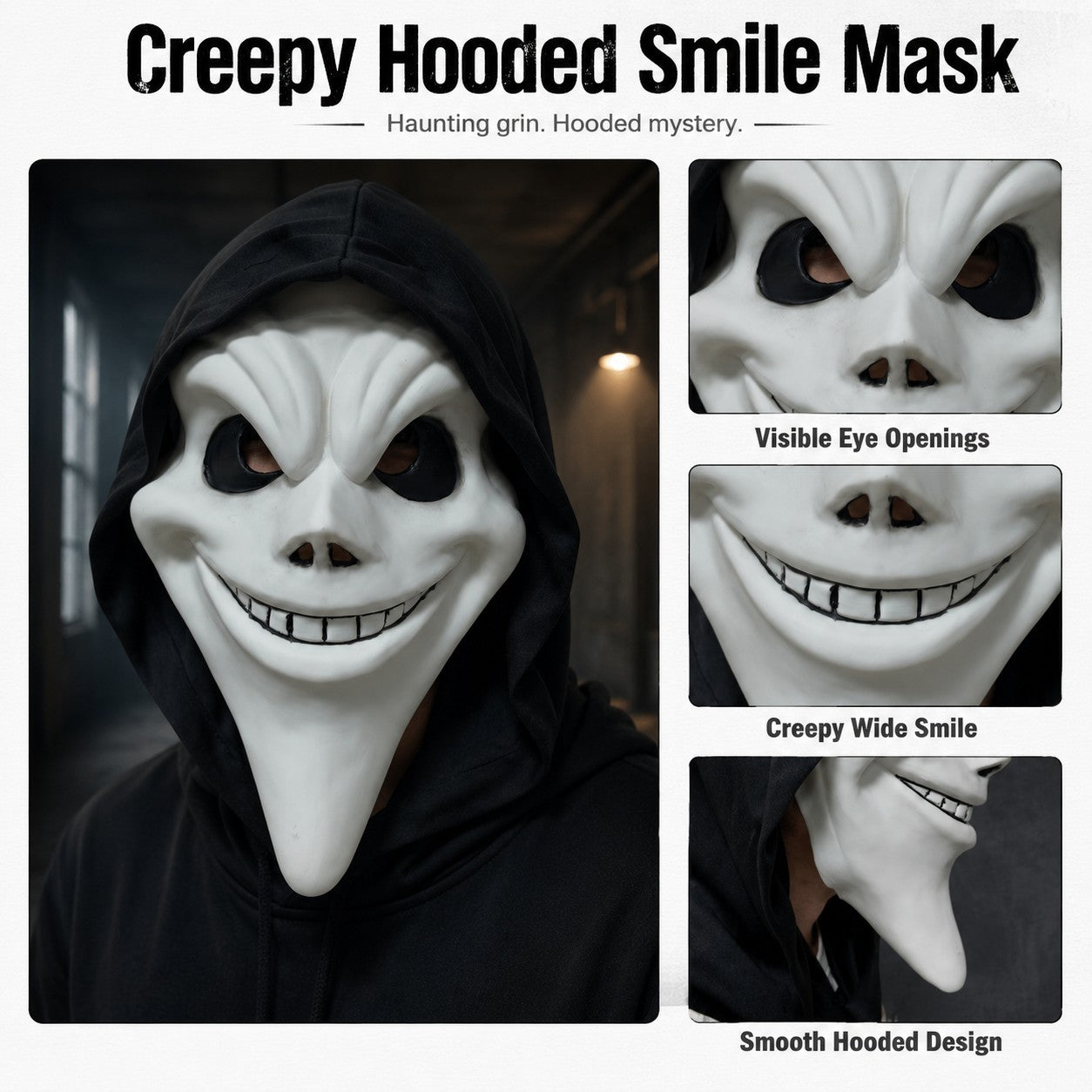 Ghost Face Mask with Hood Halloween Costume Scary Movie Funny Killer Cosplay Prop for Adults Horror Party