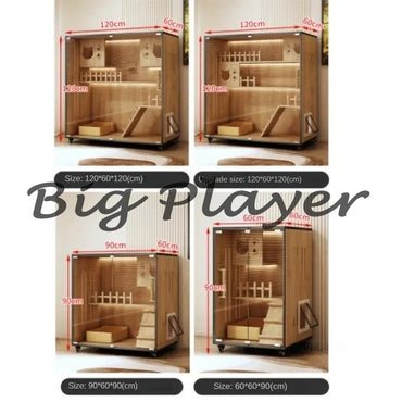 Gaiolas de Gato Luxuosas de Madeira Maciça para Casa Interna, Casa de Gato de Vidro Temperado, Gaiola Grande com Espaço Livre para Pet, Gaiolas Móveis para Gatos Villa