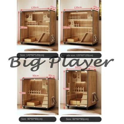 Gaiolas de Gato Luxuosas de Madeira Maciça para Casa Interna, Casa de Gato de Vidro Temperado, Gaiola Grande com Espaço Livre para Pet, Gaiolas Móveis para Gatos Villa