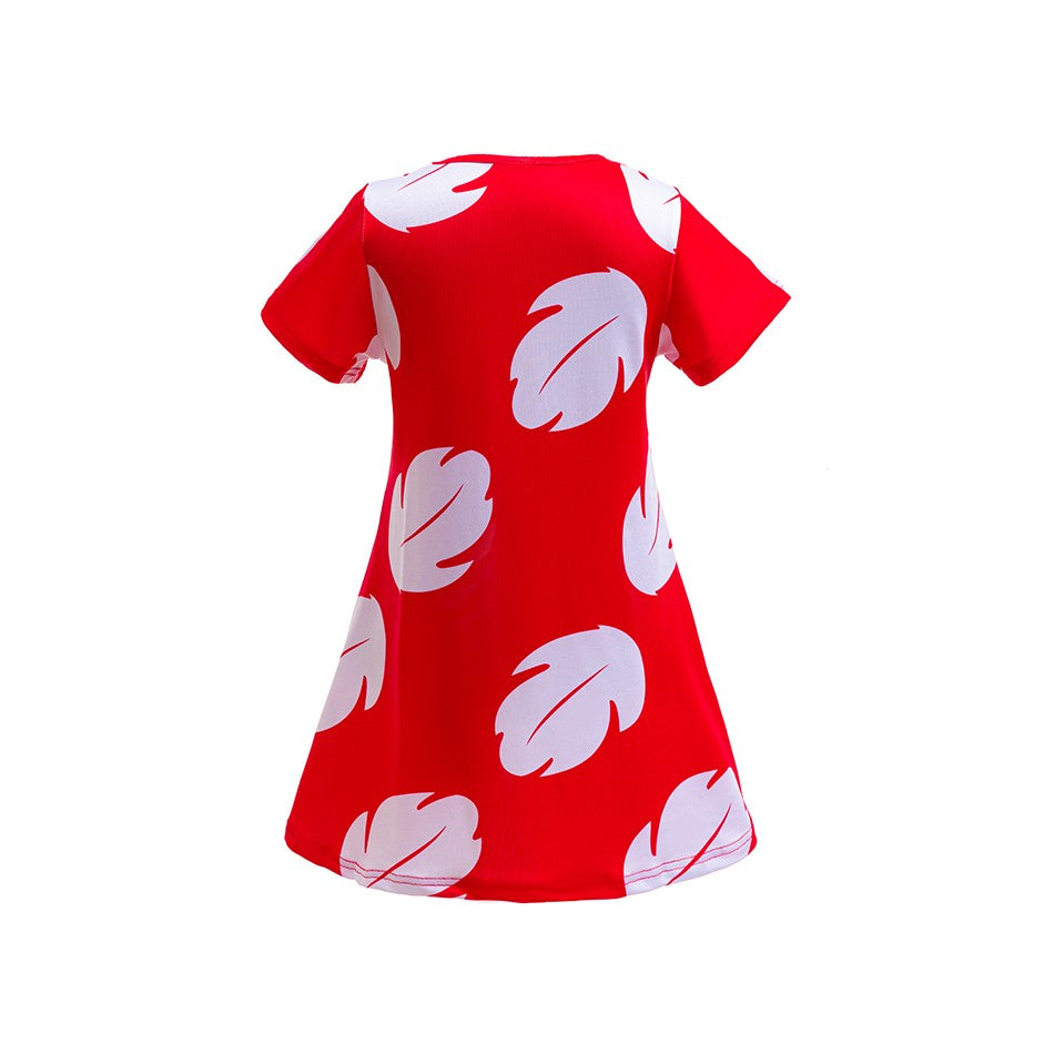 Disney Lilo Costume Girl Cosplay Red Dress Short Sleeve Pajamas Hawaiian Printed Dress Summer Beach Outfit + Stitch Doll Set