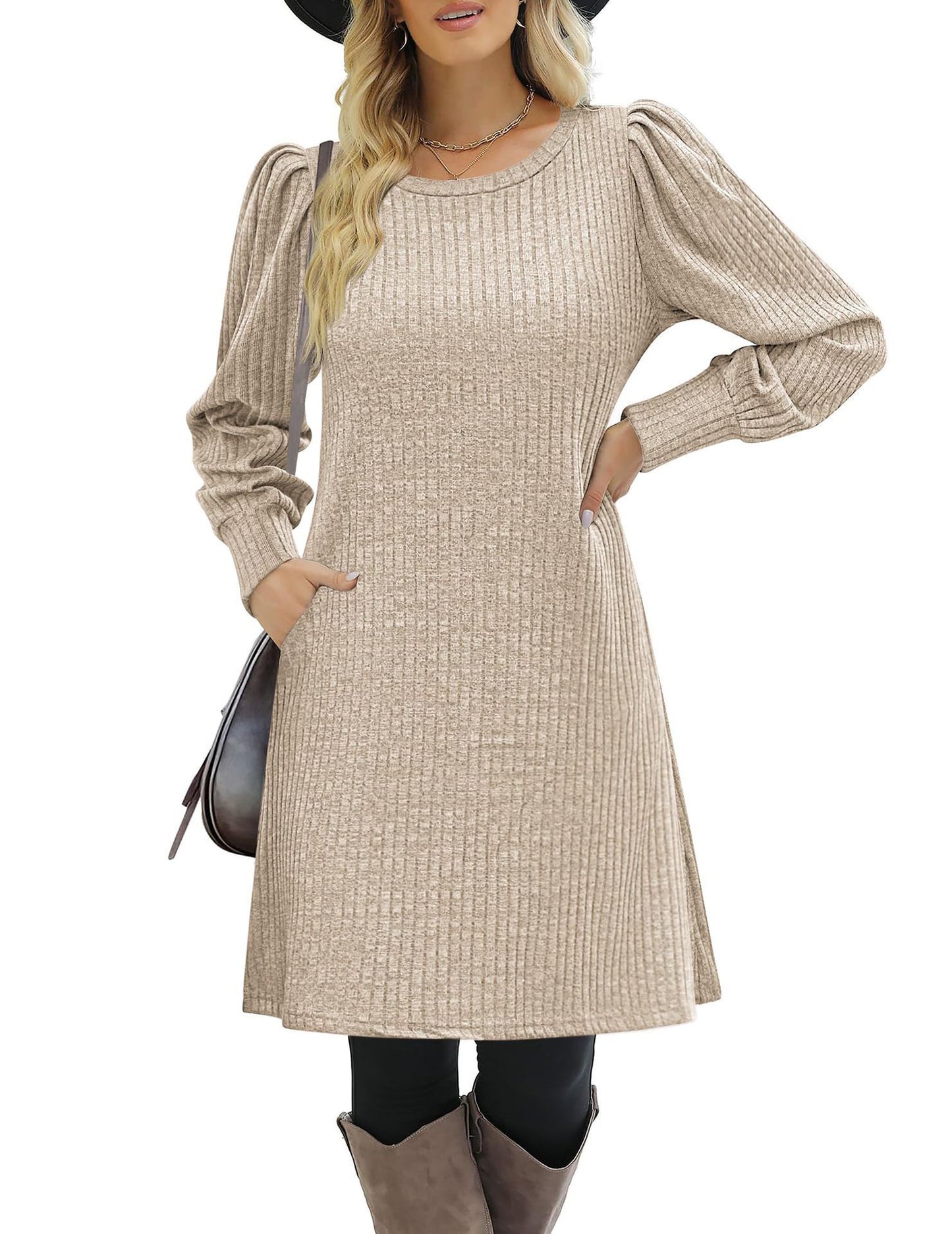 Y2K autumn and winter women's crew neck solid color sweater bubble sleeve fashion commuter dress comfortable casual loose dress