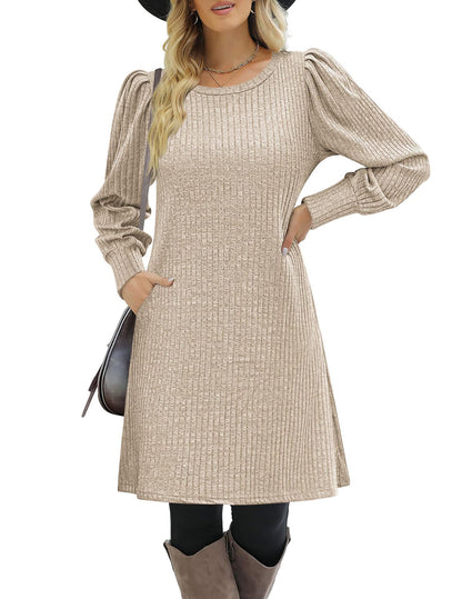 Y2K autumn and winter women's crew neck solid color sweater bubble sleeve fashion commuter dress comfortable casual loose dress