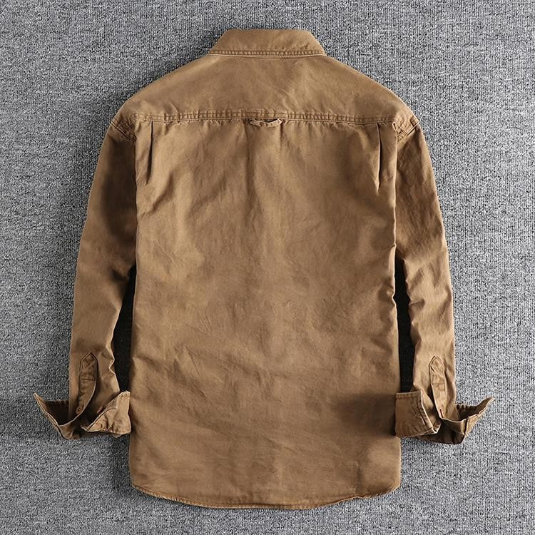2025 Autumn New American Retro Woven Twill Cargo Shirt Men's Fashion 100% Cotton Washed Long Sleeve Double Pocket Casual Jacket