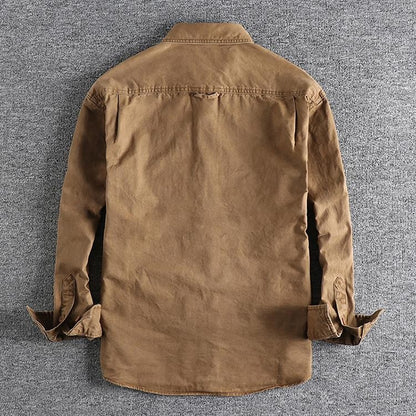 2025 Autumn New American Retro Woven Twill Cargo Shirt Men's Fashion 100% Cotton Washed Long Sleeve Double Pocket Casual Jacket