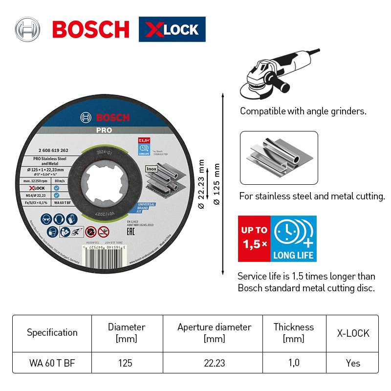Lâmina de Corte Bosch Professional para Metal/Aço Inoxidável, Adequada para Esmerilhadeira com Sistema de Fixação X-Lock