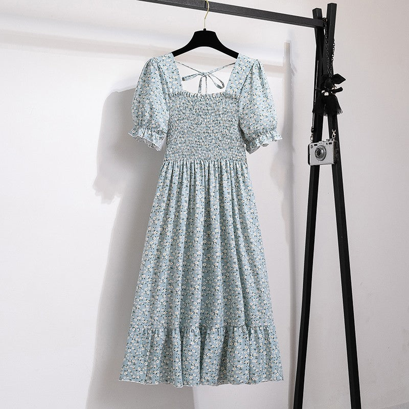 Summer Pleated Women Chiffon Dresses Casual Beach Holiday Short Sleeve Square Co