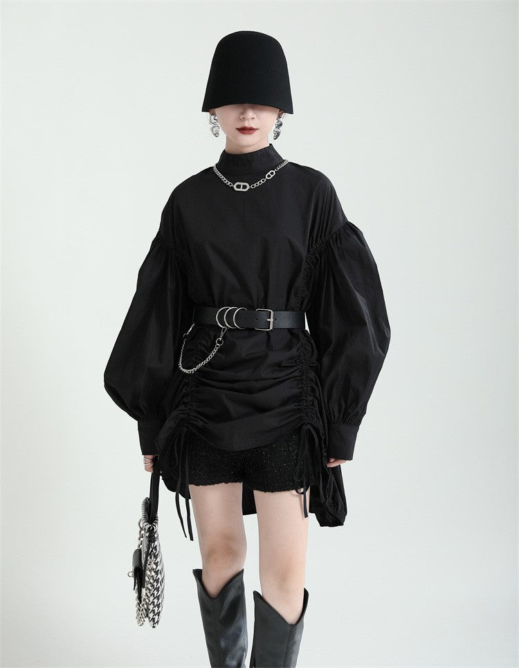 2025 Women Irregular Drawstring Big Size White Blouse New Stand Collar Long Sleeve Shirt Fashion Tide Spring Autumn