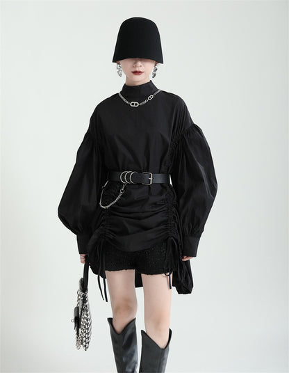 2025 Women Irregular Drawstring Big Size White Blouse New Stand Collar Long Sleeve Shirt Fashion Tide Spring Autumn