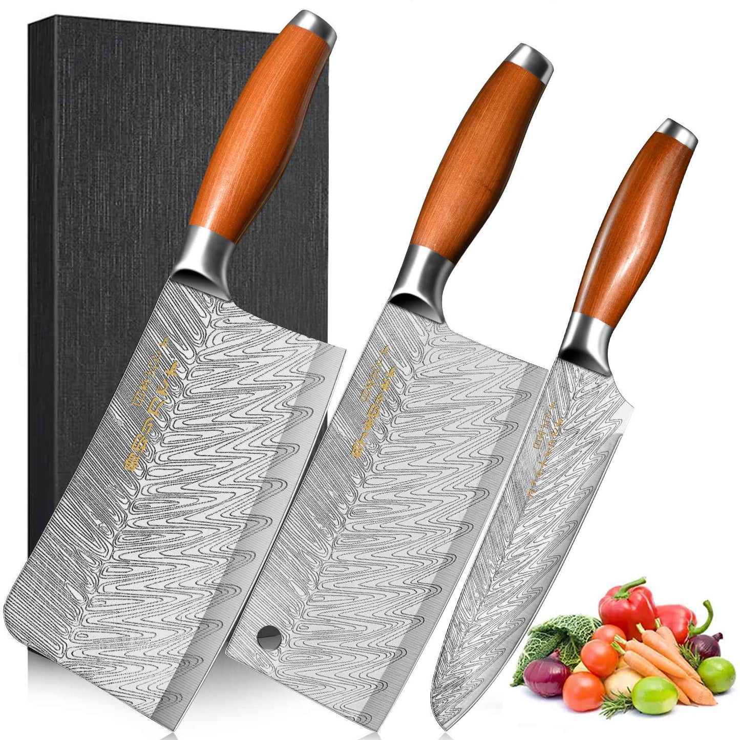 Conjunto de 3 Facas Profissionais de Cozinha Japonesa - Faca do Chef, Faca Multiuso, Cutelo de Carne, Faca para Desossar, Padrão de Aço Damasco