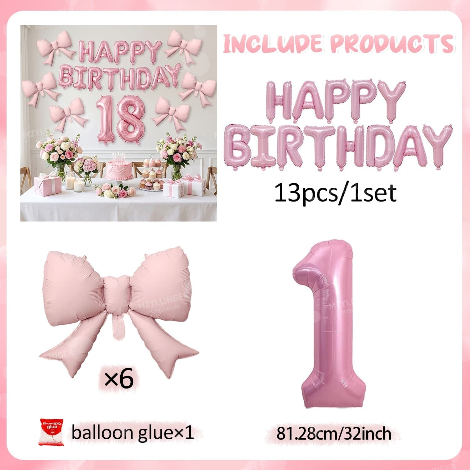 Pink Bow Birthday Balloon Happy Birthday Letter Balloon Used for Wedding, Valentine's Day, Birthday, Proposal Decoration Decor