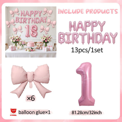 Pink Bow Birthday Balloon Happy Birthday Letter Balloon Used for Wedding, Valentine's Day, Birthday, Proposal Decoration Decor