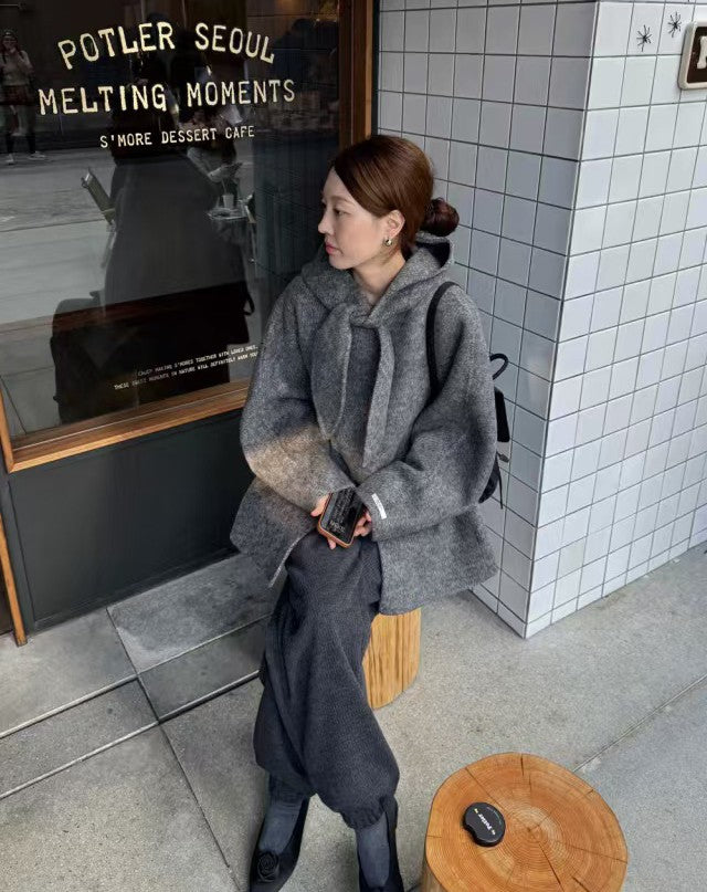 Korean Sle Woolen Coat Women's Chic Temperament Sweet Bow Tie Collar Hooded Warm Woolen Coat Long Sve Mid-Length