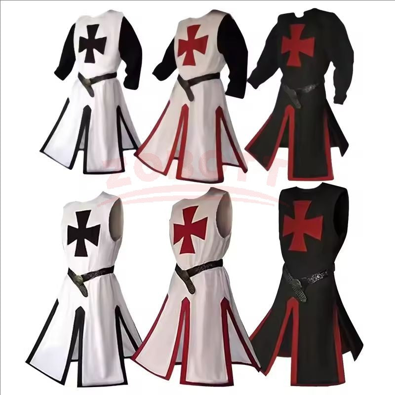 Men's Medieval Templar Knight Surcoat Set Renaissance Warrior Tunic Cloak with Belt Halloween Cosplay Outfit