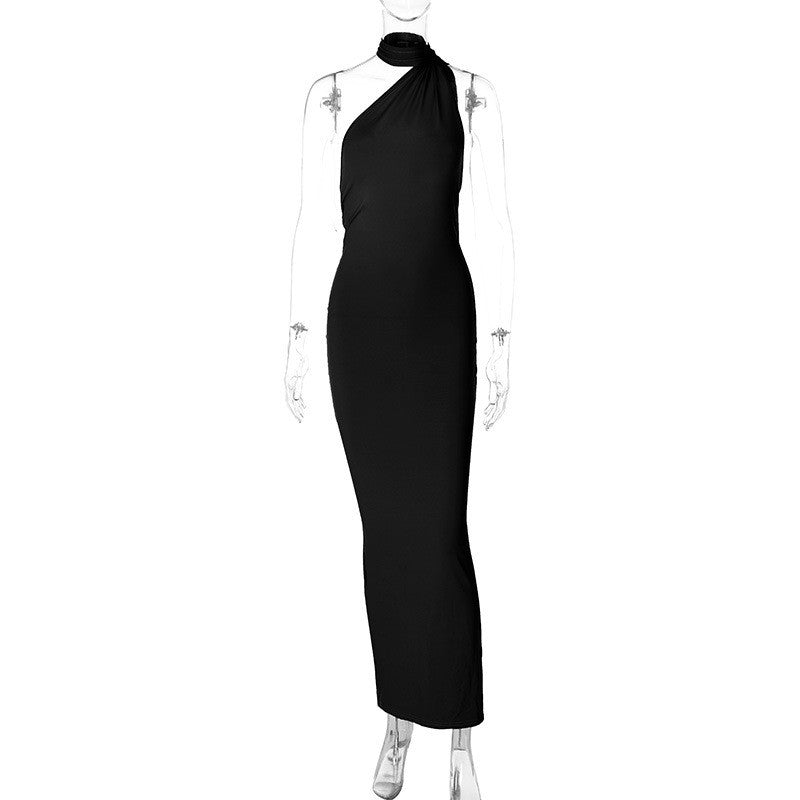 Hugcitar One Shoulder Backless Adjustable Scarf Loop Ruched Sexy Maxi Dress Wome
