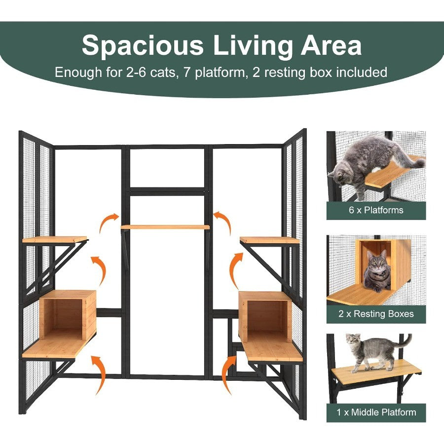 Grande Recinto Externo para Gatos Múltiplos com Acesso de Entrada Cobertura Impermeável e Teto Refletor de Luz Solar, Características 7 Plat