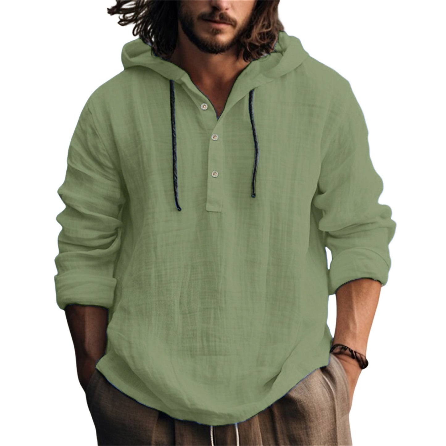 Casual Hood T Shirt Cotton Linen Flax Blouse Tee Tops Long Sleeves Men Holiday Beach Spring Solid Plain Tunic Loose Hoodie Shirt