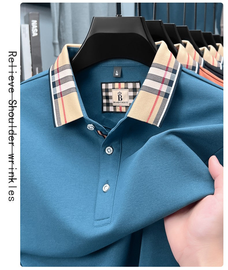 Luxury brand long sleeve polo shirt men comfortable casual autumn item silk cotton high-end Korean fashion plaid lapel T-shirt