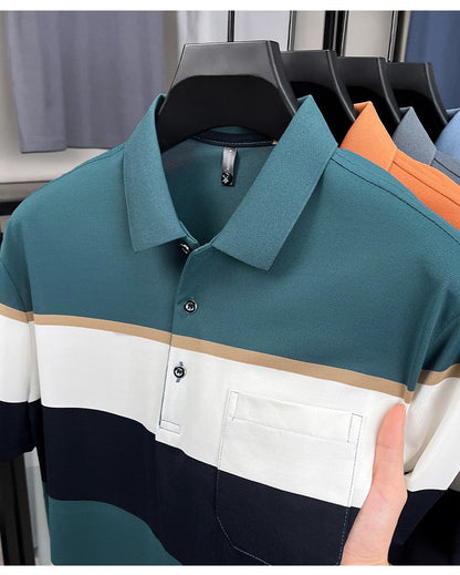 High-quality short sleeve polo shirt men fashion color striped pocket design summer new breathable trendy casual lapel T-shirt