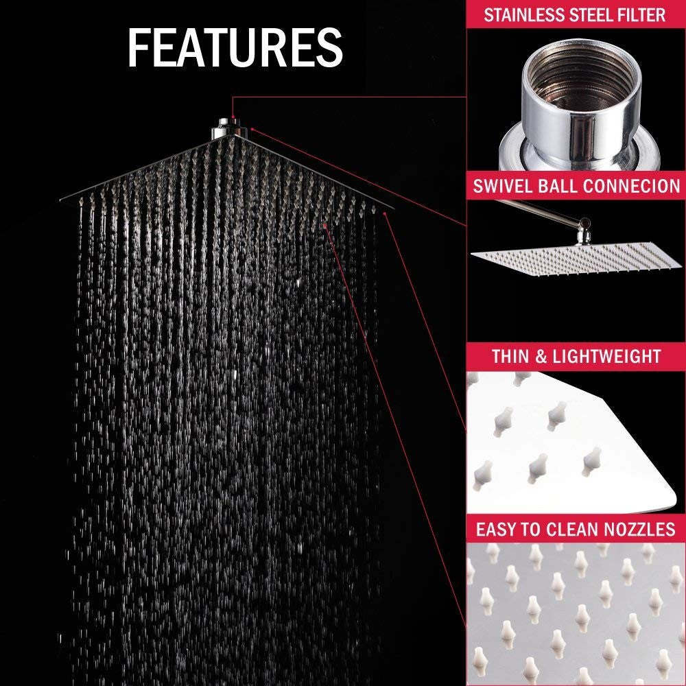 High Pressure Waterfall Stainless Steel Shower Head High Flow 8" 10" 12" Square Pressure Boosting Design Spa Bathroom Showerhead