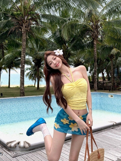 French Drawstring Blue Floral Tube Top Women Separate Swimwear Set Coastal Summer Vacation Beach Holiday Swimsuit for Girl