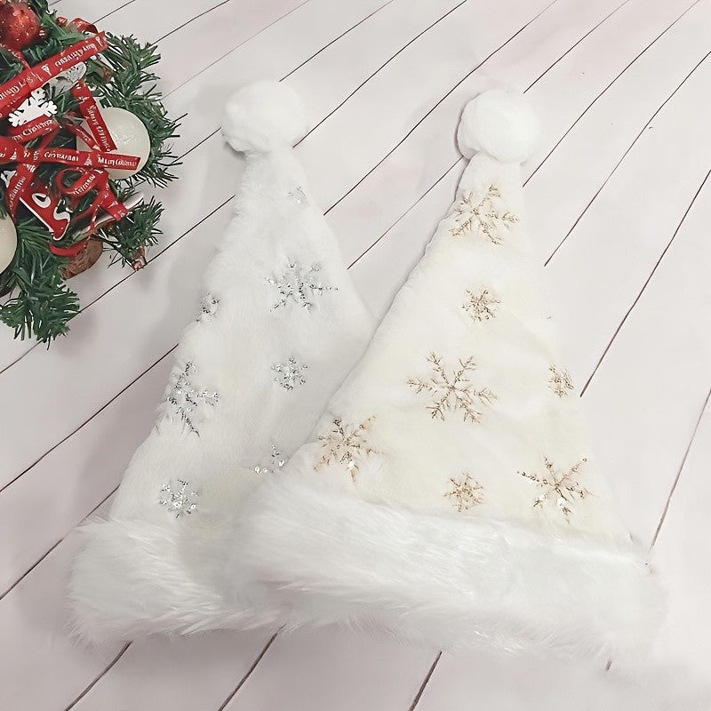 Chapéu de Natal floco de neve branco, decoração de Natal, chapéu de Natal bordado dourado felpudo, fantasia de festival de Natal, sacola de presente
